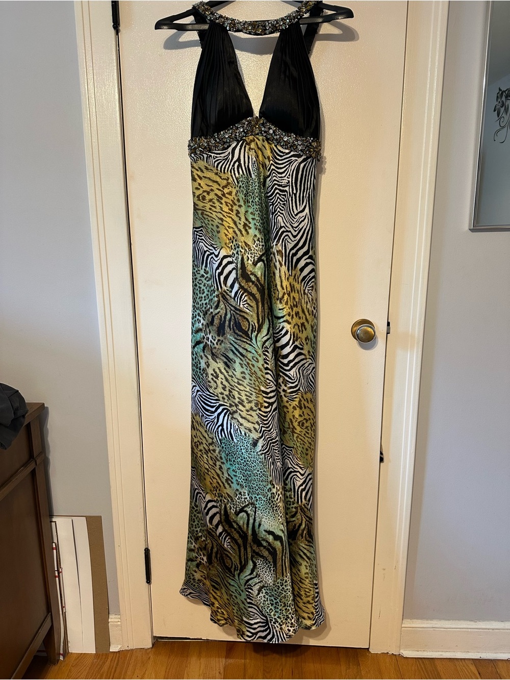 Beaded Halter Animal Print Maxi Dress in Black and Multicolor
